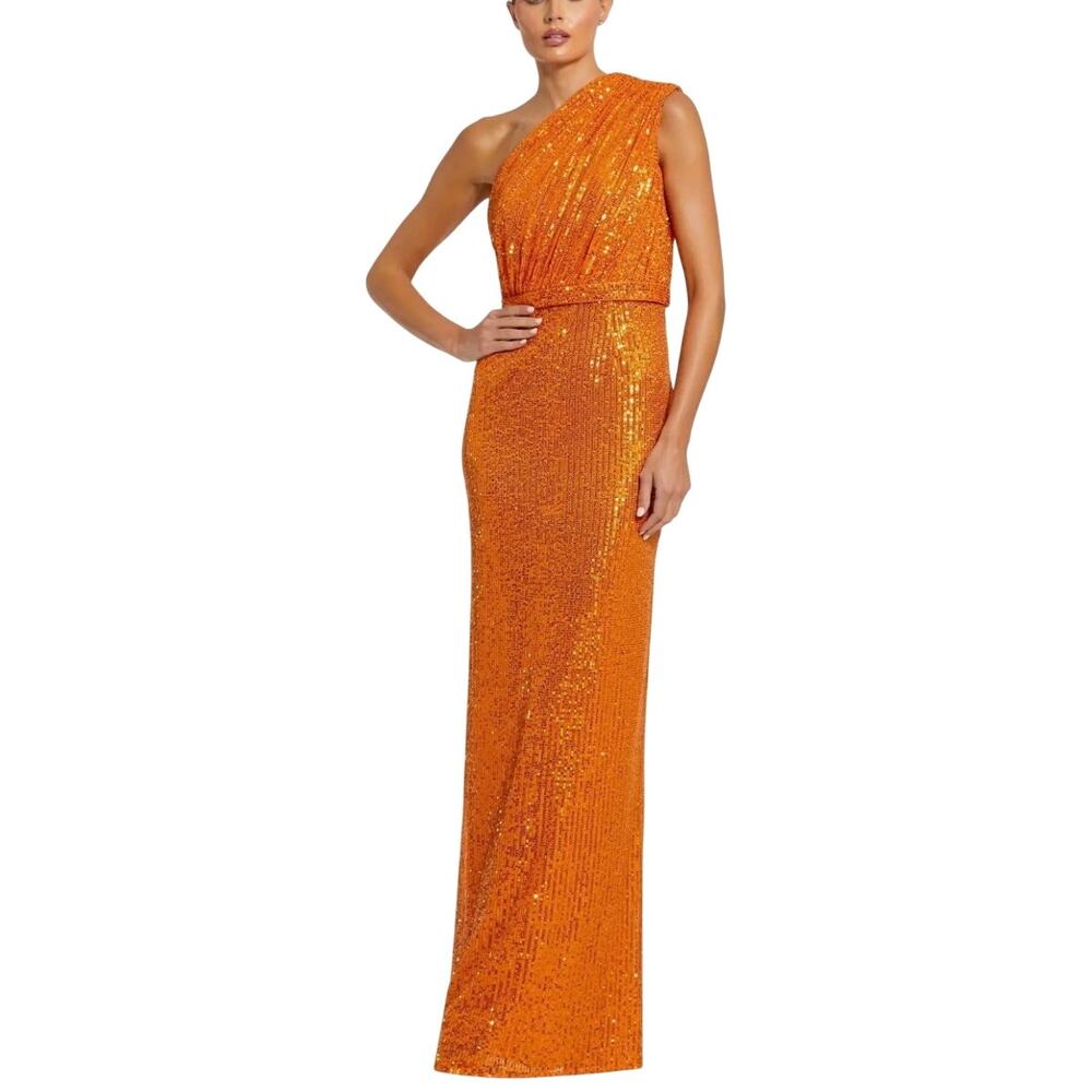 Mac Duggal 26694 Orange Evening Gown Sequined One Shoulder Column Dress Size 16